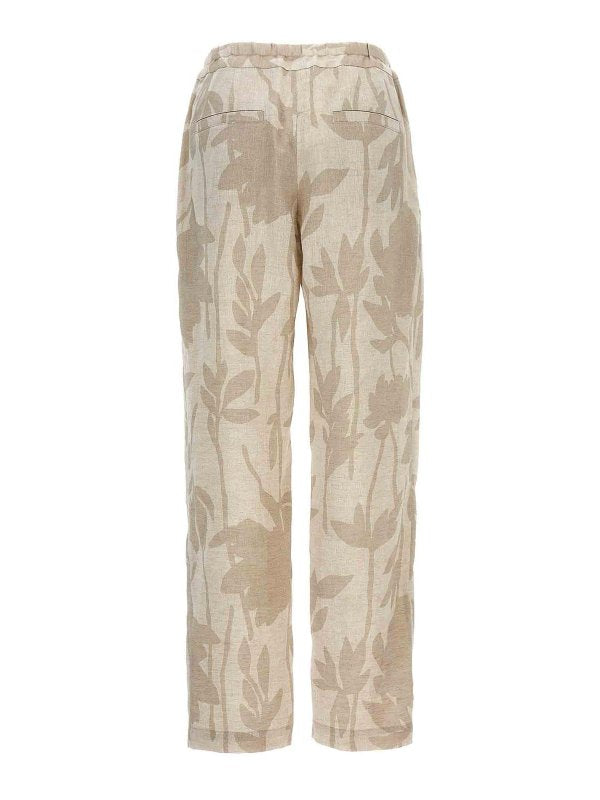 BRUNELLO CUCINELLI WOMEN'S NATURALE LINEN RELAXED FLORAL TROUSERS