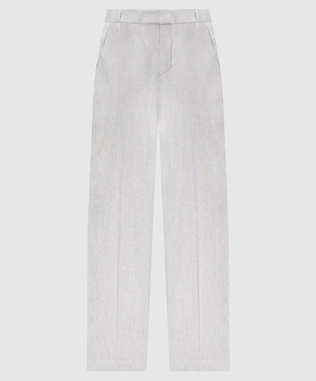 BRUNELLO CUCINELLI WOMEN'S WHITE STRIPED LINEN COTTON TROUSERS