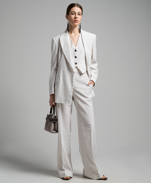 BRUNELLO CUCINELLI WOMEN'S WHITE STRIPED LINEN COTTON TROUSERS