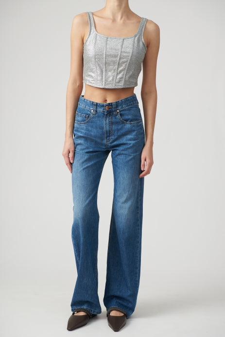 BRUNELLO CUCINELLI WOMEN'S SILVER LINEN BLEND CROPPED TOP