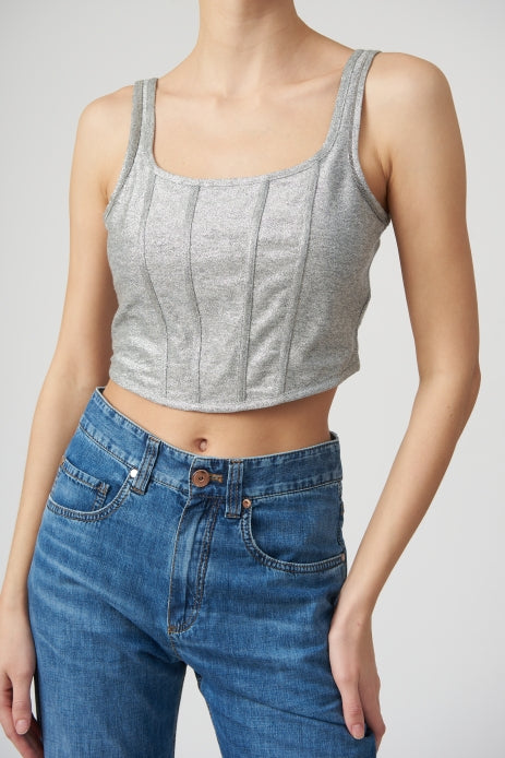 BRUNELLO CUCINELLI WOMEN'S SILVER LINEN BLEND CROPPED TOP