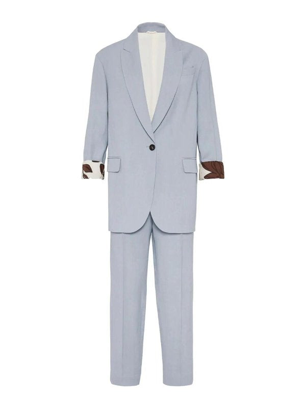 BRUNELLO CUCINELLI WOMEN'S POWDER BLUE LINEN VISCOSE SUIT TROUSERS