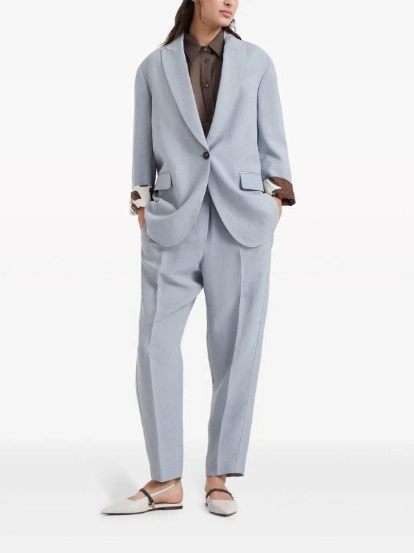 BRUNELLO CUCINELLI WOMEN'S POWDER BLUE LINEN VISCOSE SUIT TROUSERS