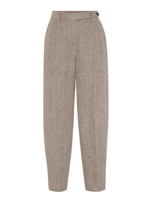 BRUNELLO CUCINELLI WOMEN'S LIGHT BROWN LINEN TAPERED TROUSERS