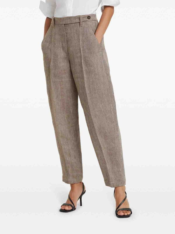 BRUNELLO CUCINELLI WOMEN'S LIGHT BROWN LINEN TAPERED TROUSERS