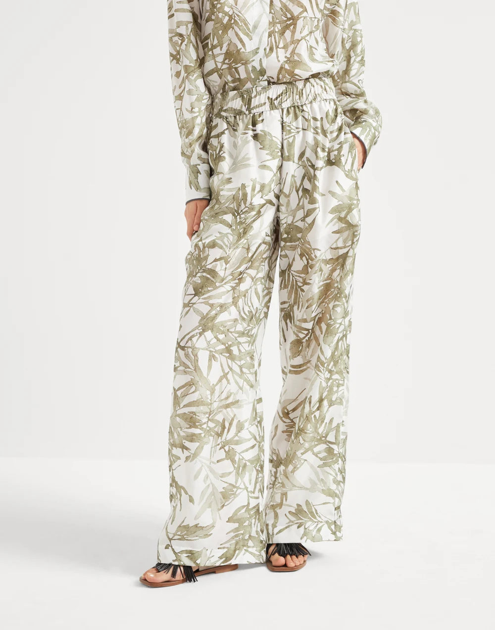 BRUNELLO CUCINELLI WOMEN'S WHITE PRINTED SILK WIDE TROUSERS