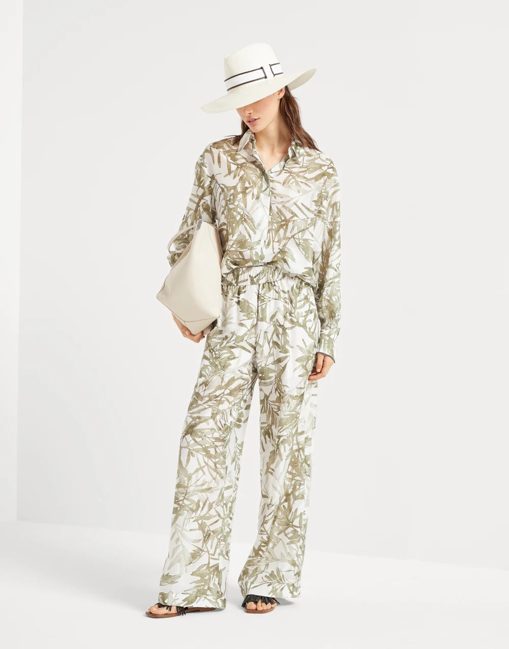 BRUNELLO CUCINELLI WOMEN'S WHITE PRINTED SILK WIDE TROUSERS