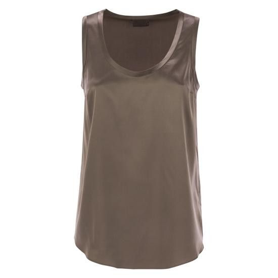 BRUNELLO CUCINELLI WOMEN'S TAUPE SILK SLEEVELESS SHIRT