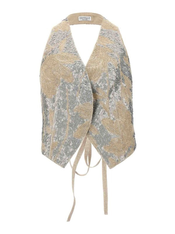 BRUNELLO CUCINELLI WOMEN'S BEIGE EMBROIDERED LINEN VEST