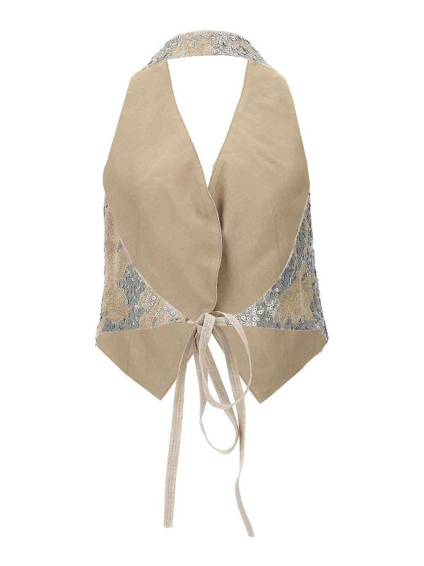 BRUNELLO CUCINELLI WOMEN'S BEIGE EMBROIDERED LINEN VEST