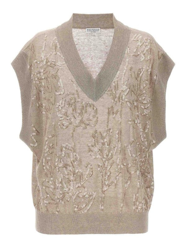 BRUNELLO CUCINELLI WOMEN'S BEIGE LINEN BLEND SWEATER