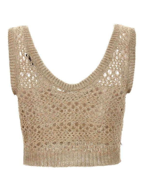 BRUNELLO CUCINELLI WOMEN'S BEIGE LINEN SILK KNIT TOP