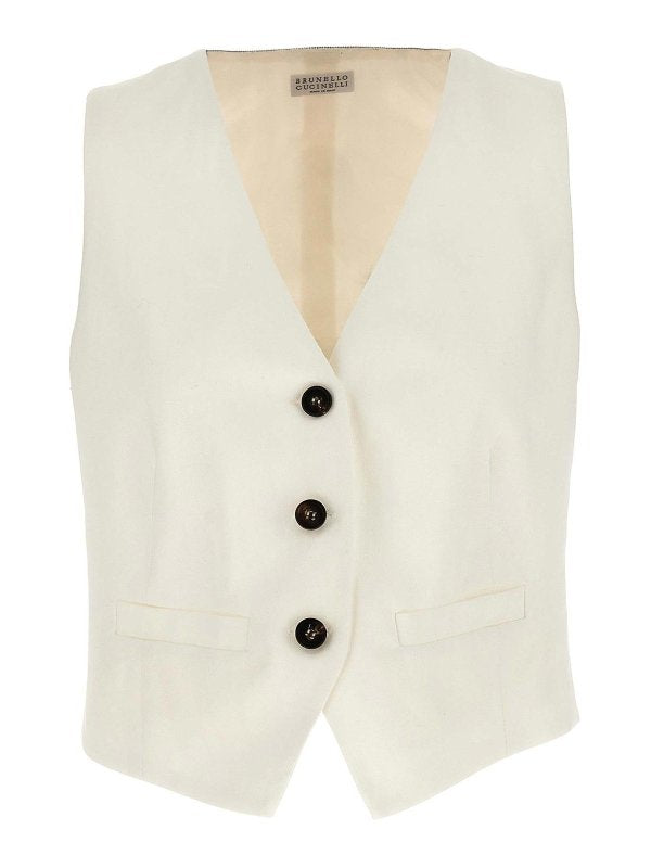 BRUNELLO CUCINELLI WOMEN'S OFF WHITE LINEN BLEND VEST