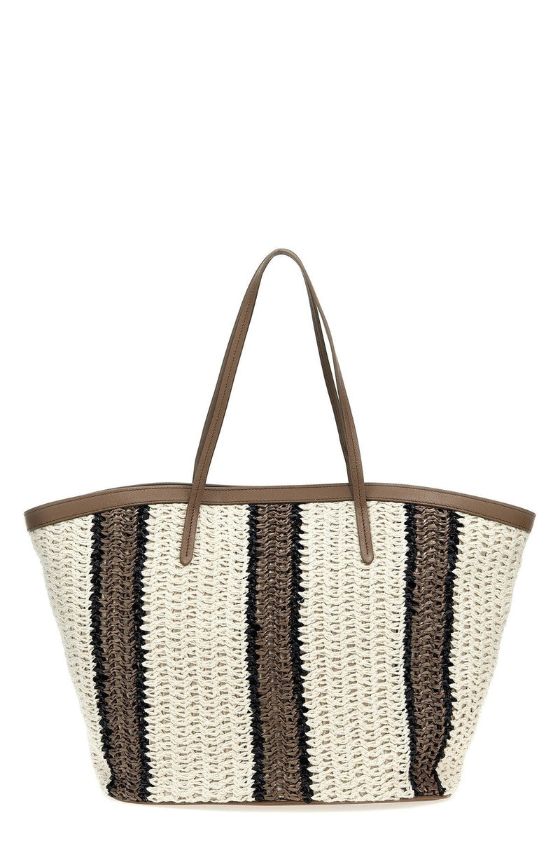 BRUNELLO CUCINELLI WOMEN'S WHITE BEIGE STRIPED WOVEN TOTE BAG
