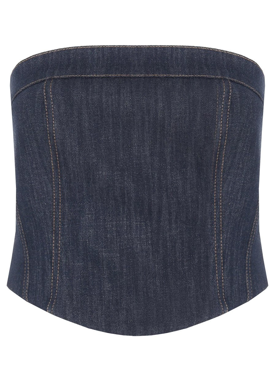 BRUNELLO CUCINELLI WOMEN'S BLUE COTTON BLEND STRAPLESS BUSTIER TOP