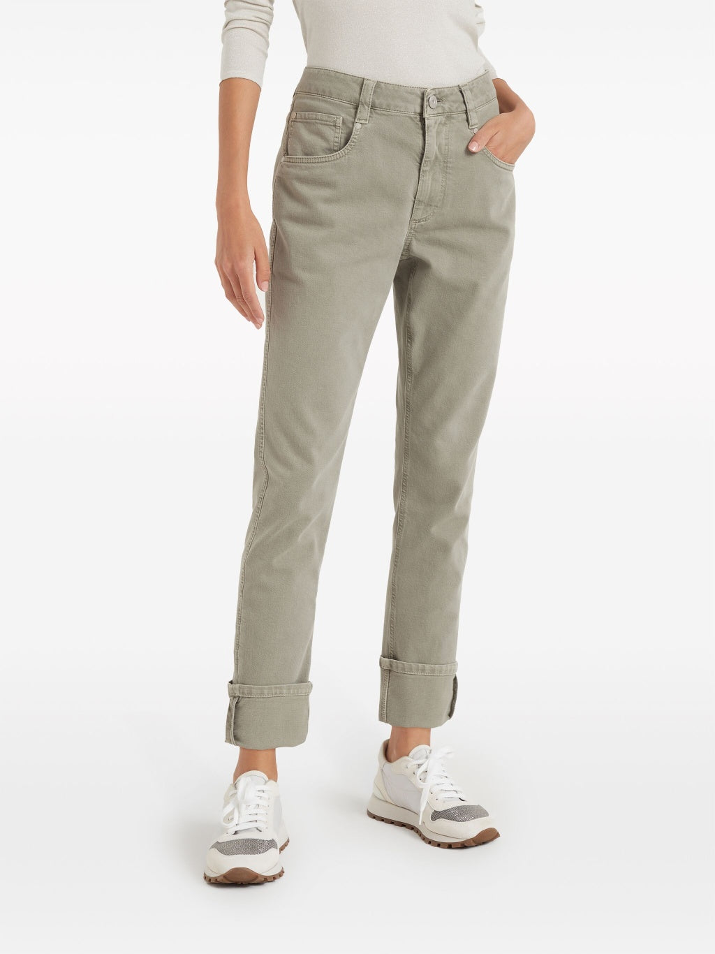 BRUNELLO CUCINELLI WOMEN'S GREEN SAFARI COTTON STRAIGHT TROUSERS WITH CUFFS