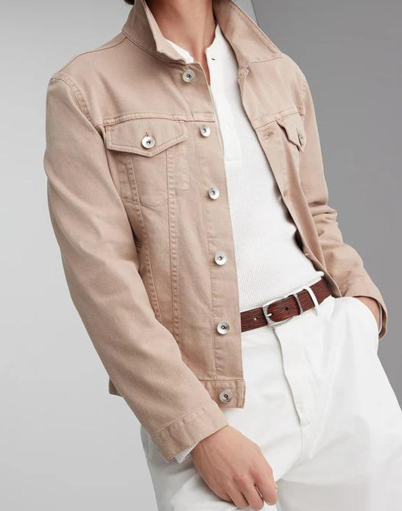 BRUNELLO CUCINELLI MEN'S BEIGE TAILORED DENIM JACKET
