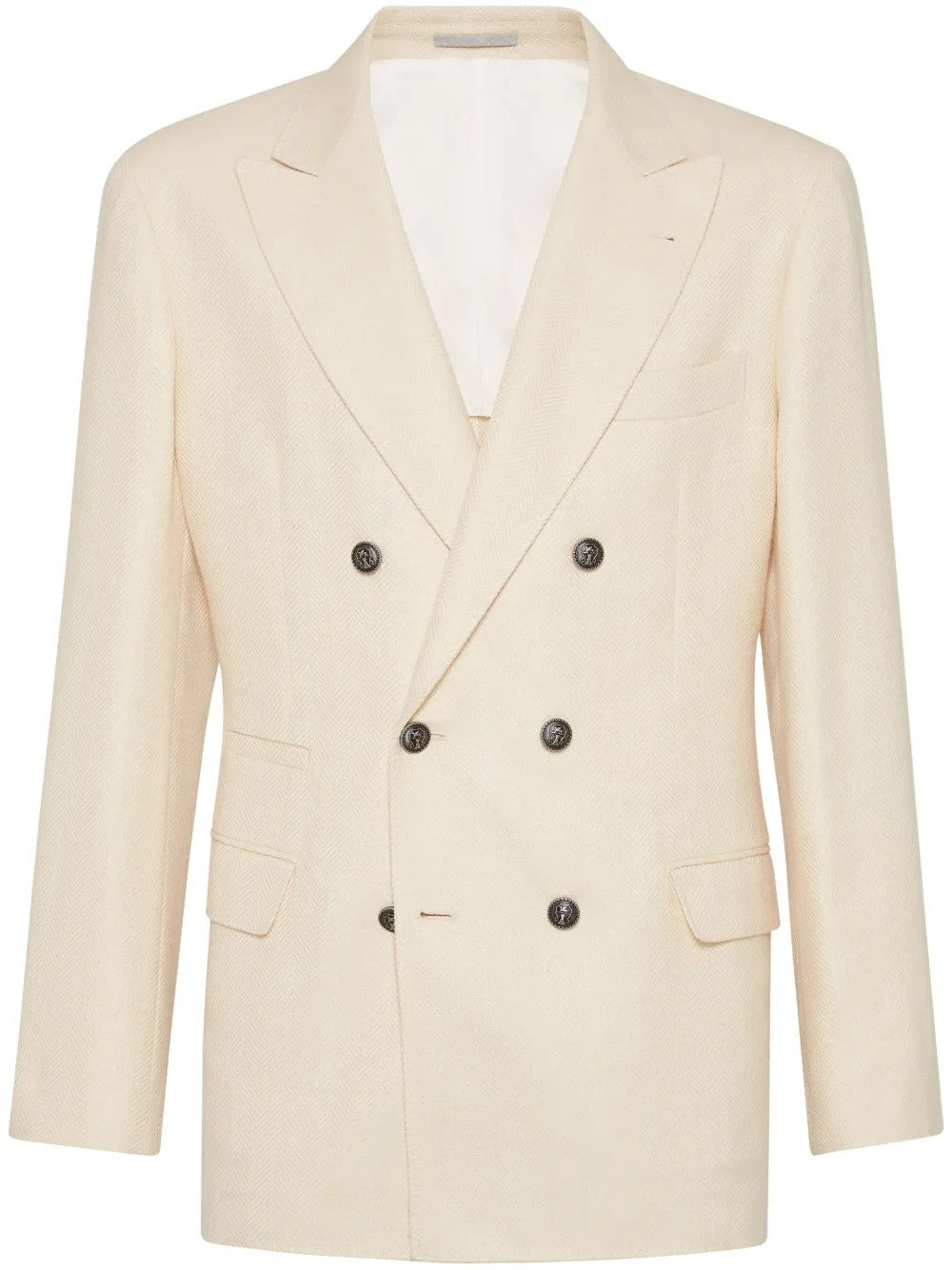 BRUNELLO CUCINELLI MEN'S CREAM WOOL SILK LINEN DOUBLE BREASTED BLAZER