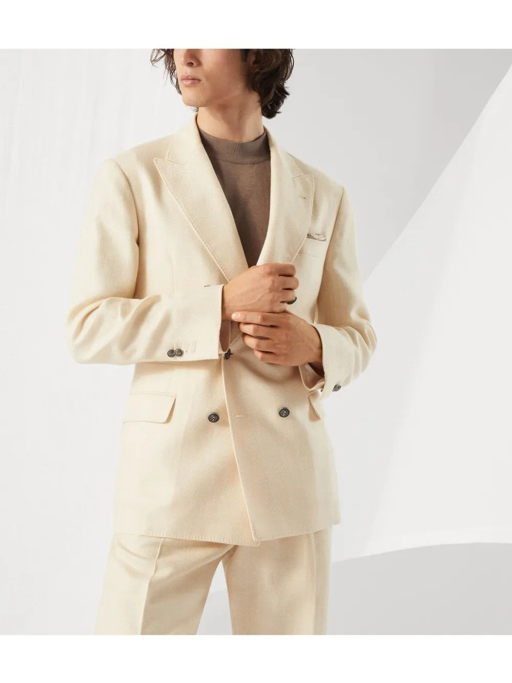BRUNELLO CUCINELLI MEN'S CREAM WOOL SILK LINEN DOUBLE BREASTED BLAZER