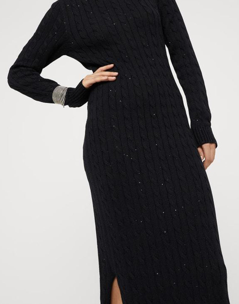 BRUNELLO CUCINELLI WOMEN'S BLACK COTTON CABLE KNIT MAXI DRESS