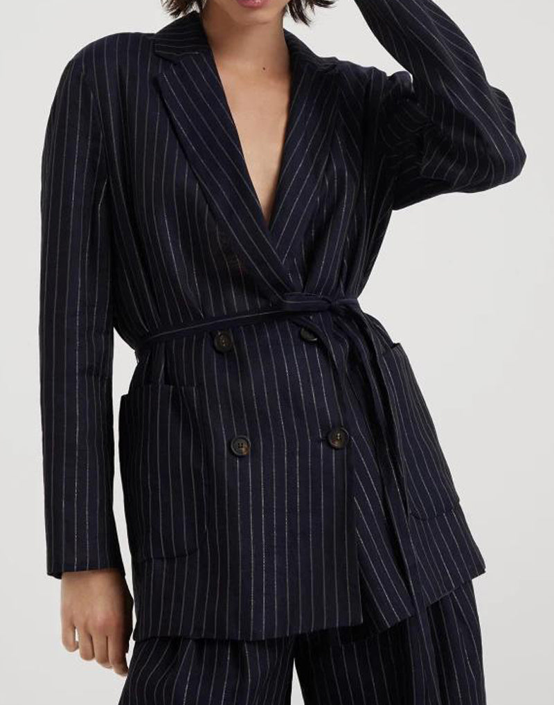 BRUNELLO CUCINELLI WOMEN'S NAVY PINSTRIPE COTTON JACKET