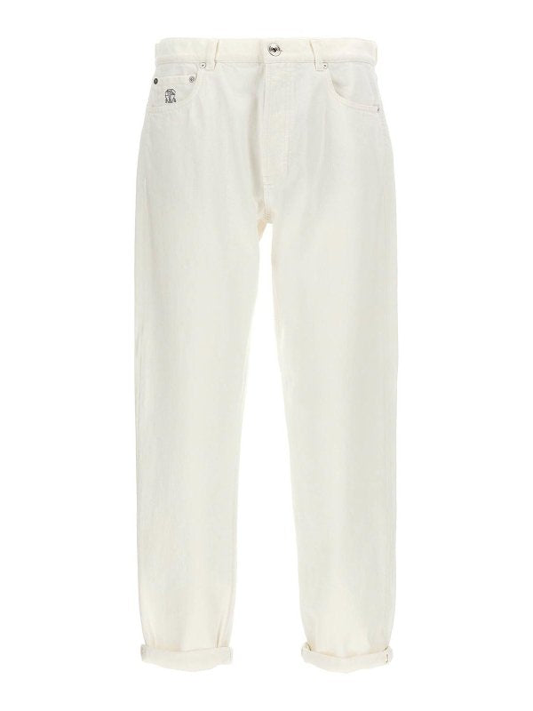 BRUNELLO CUCINELLI MEN'S OFF WHITE RELAXED COTTON TROUSERS
