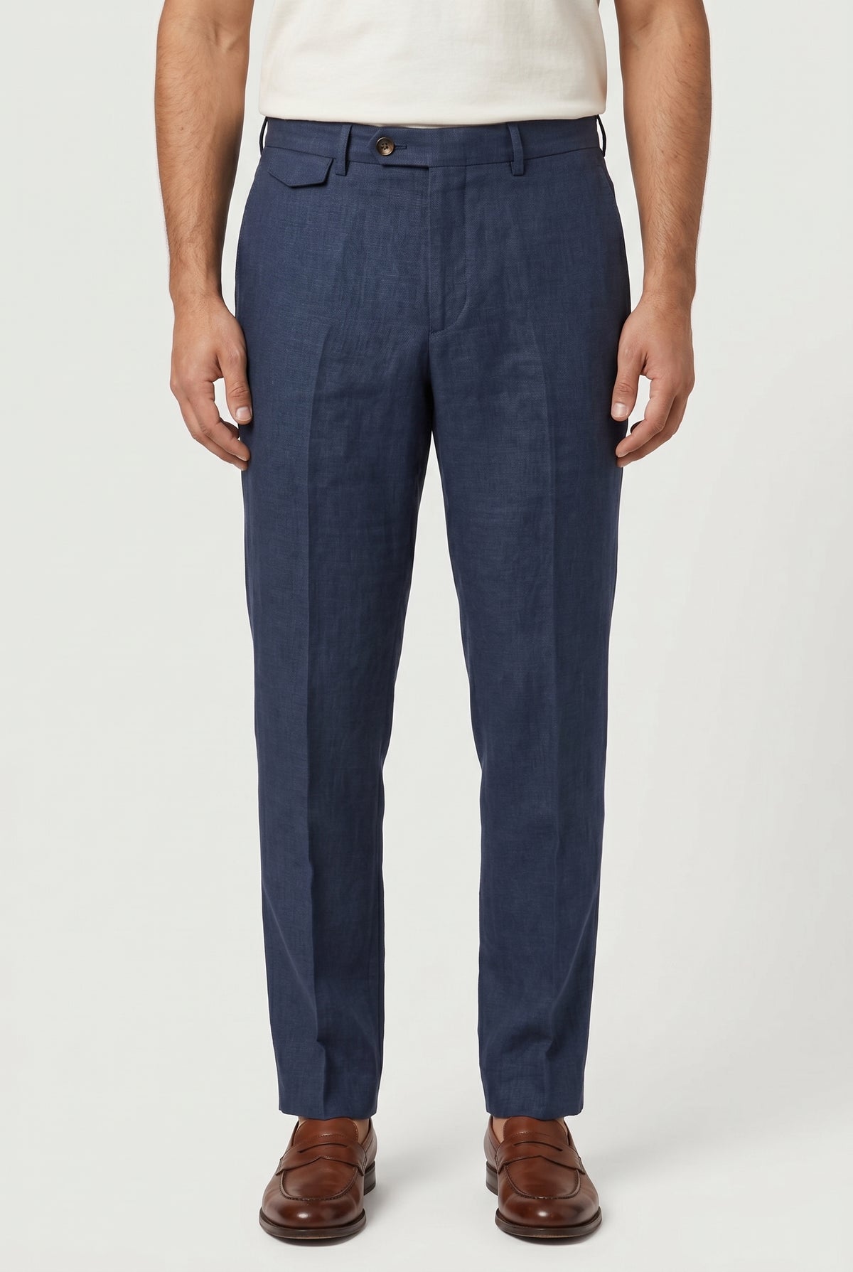 BRUNELLO CUCINELLI MEN'S BLUE LINEN TAILORED TROUSERS