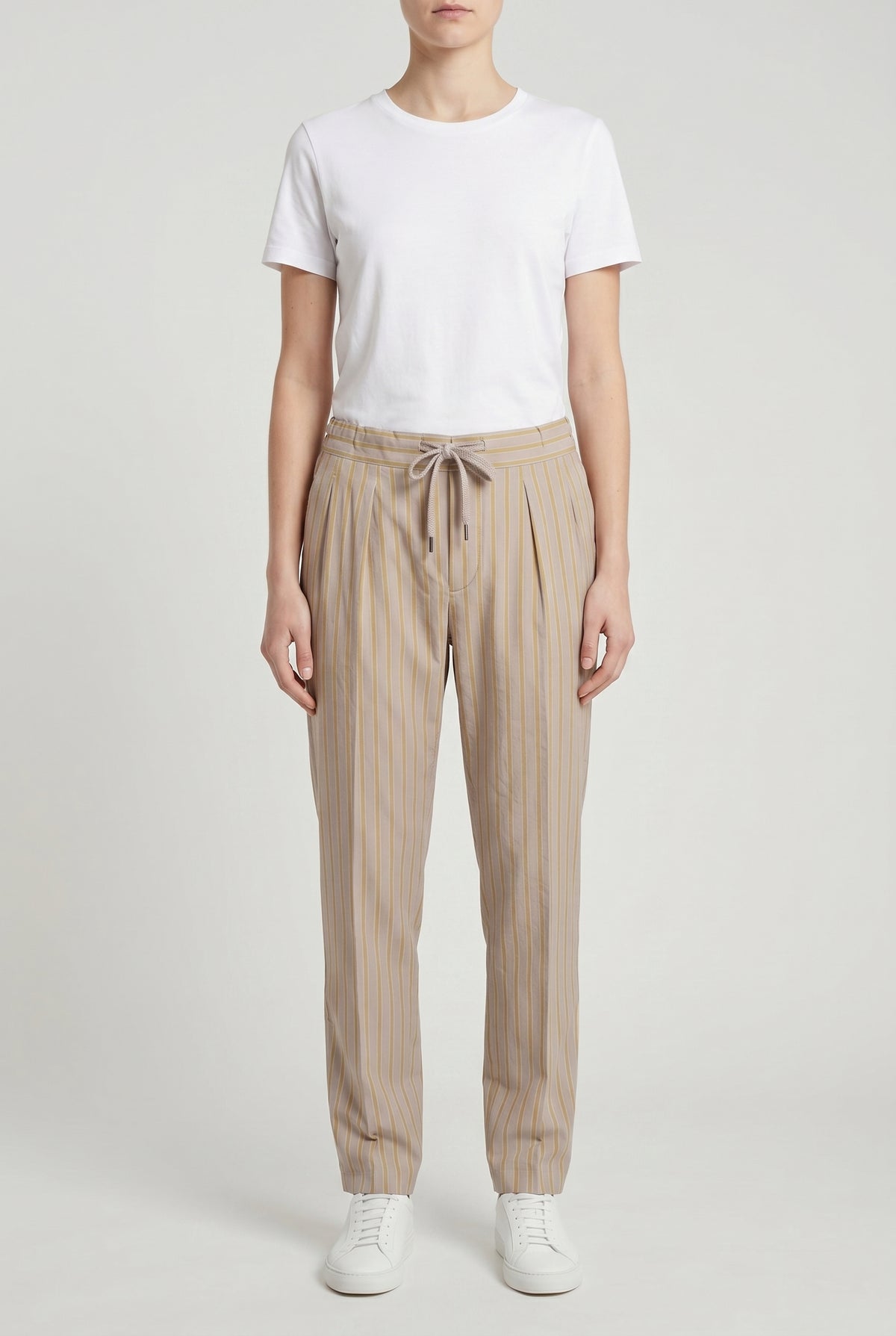 BRUNELLO CUCINELLI WOMEN'S BEIGE STRIPED RELAXED TROUSERS