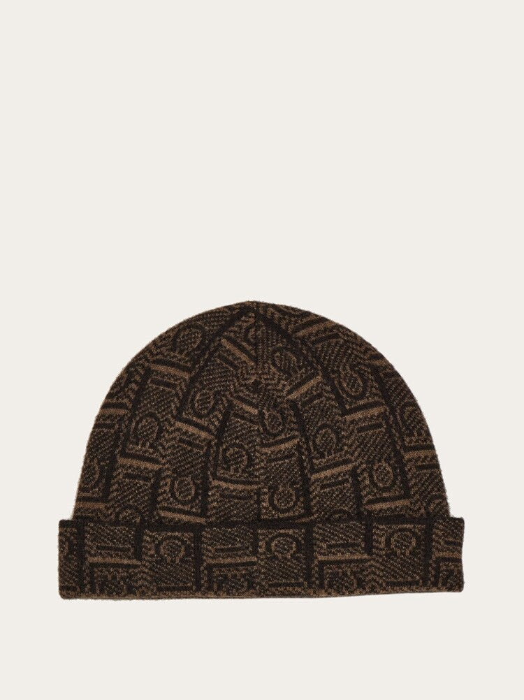 FERRAGAMO MEN'S BROWN WOOL JACQUARD HAT