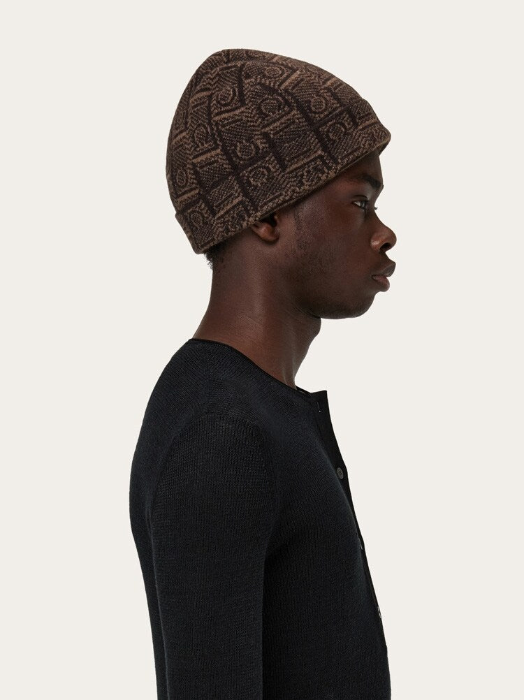 FERRAGAMO MEN'S BROWN WOOL JACQUARD HAT