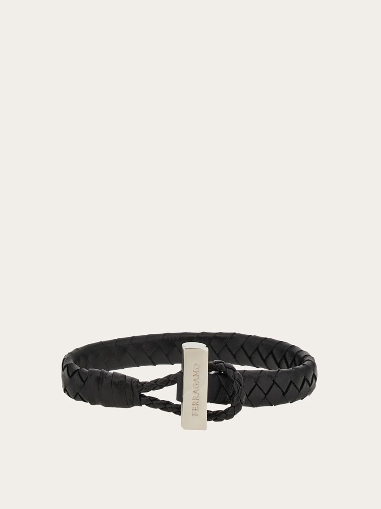 FERRAGAMO MEN'S BLACK LEATHER BRAIDED BRACELET