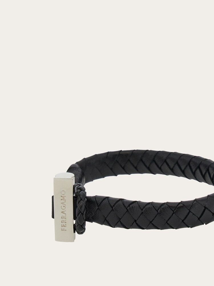 FERRAGAMO MEN'S BLACK LEATHER BRAIDED BRACELET