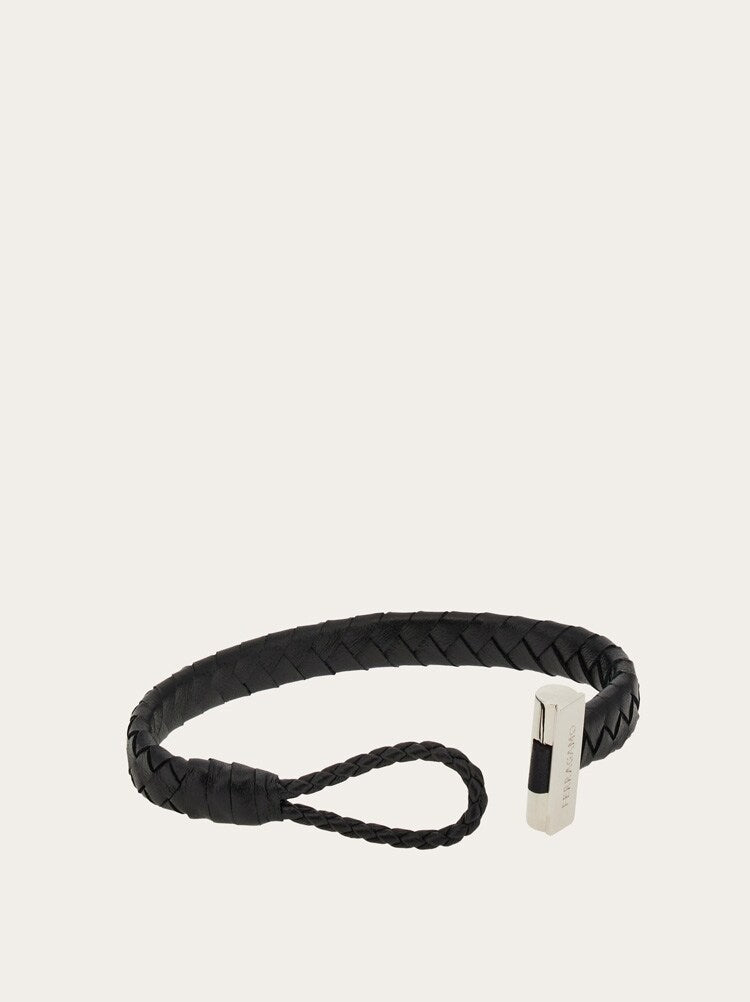 FERRAGAMO MEN'S BLACK LEATHER BRAIDED BRACELET