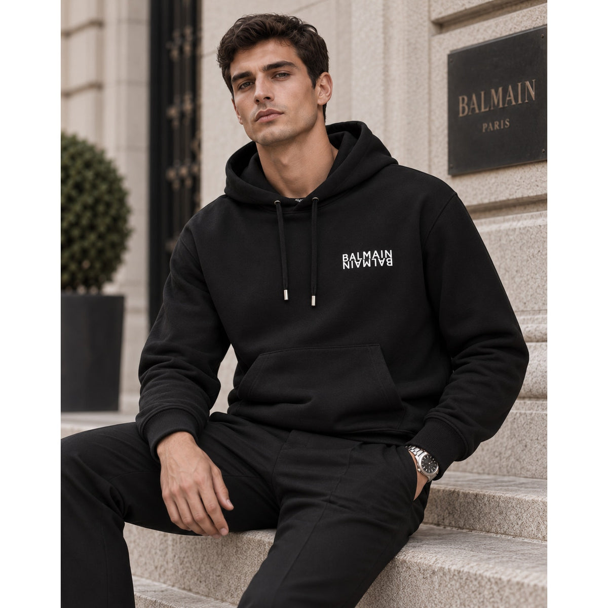 Balmain Black Logo Motif Hoodie