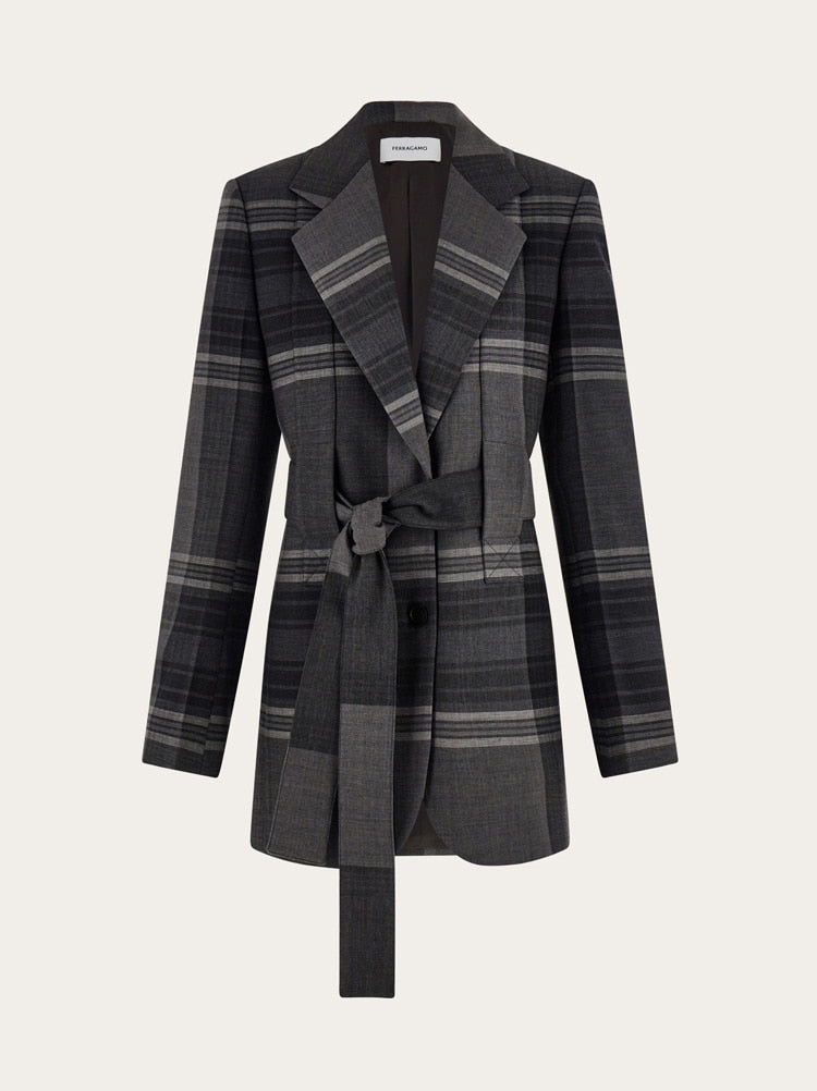 FERRAGAMO WOMEN'S GREY WOOL SILK BELTED JACKET