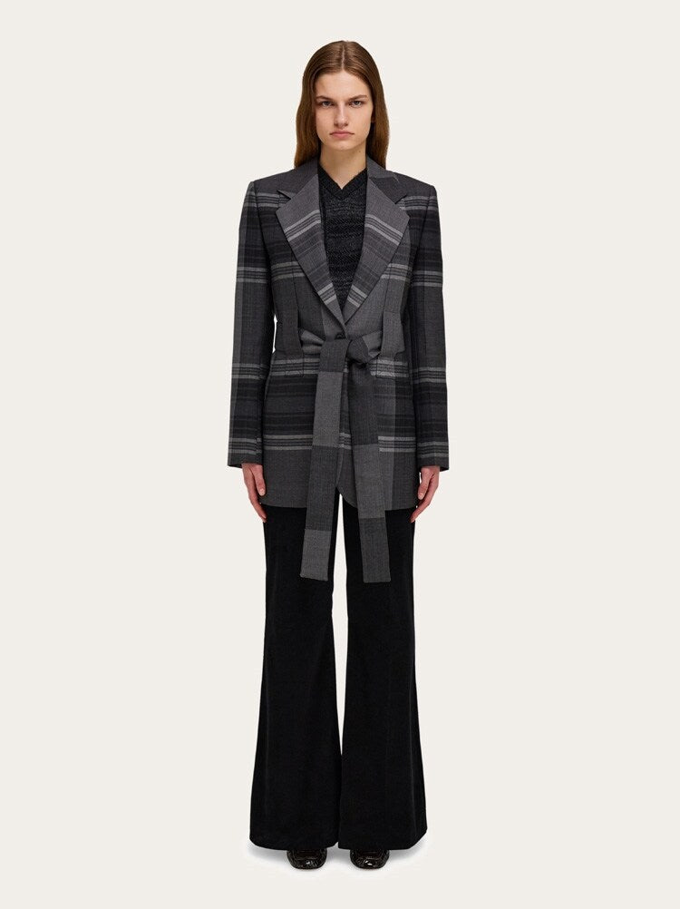 FERRAGAMO WOMEN'S GREY WOOL SILK BELTED JACKET