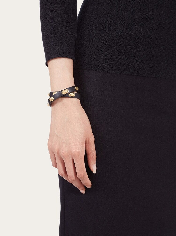 FERRAGAMO WOMEN'S BLACK LEATHER BRASS BRACELET