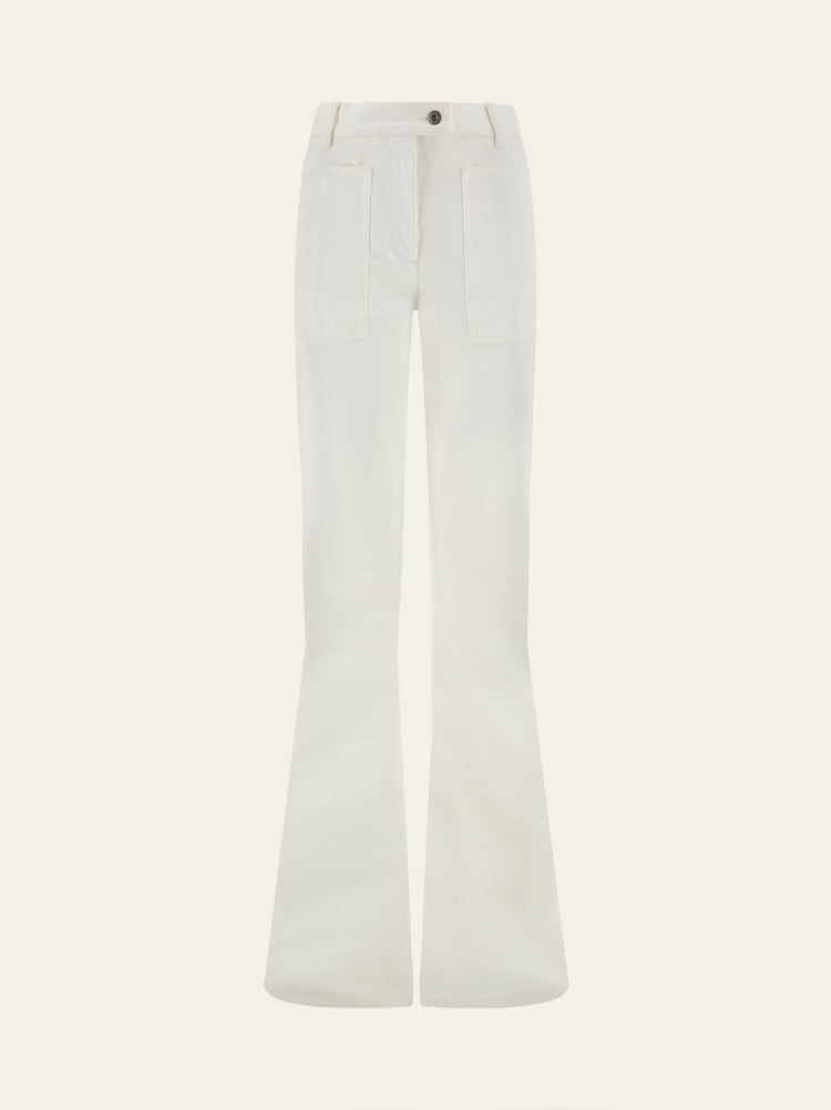 FERRAGAMO WOMEN'S OFF WHITE FLARED COTTON TROUSERS