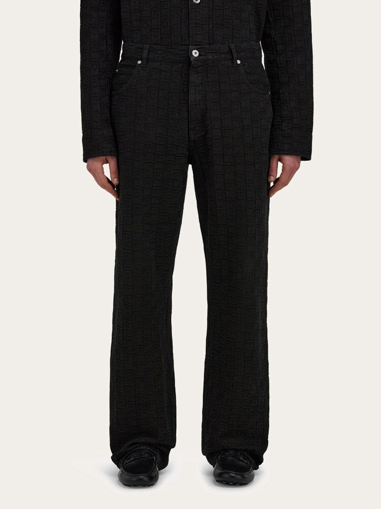 FERRAGAMO MEN'S BLACK JACQUARD COTTON TROUSERS