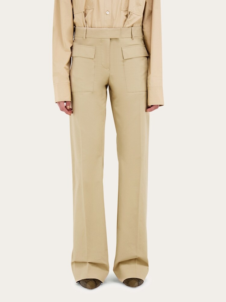FERRAGAMO WOMEN'S BEIGE STRAIGHT COTTON TROUSERS