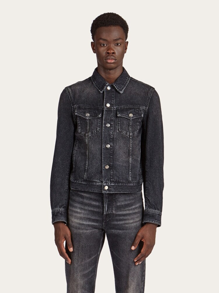 FERRAGAMO MEN'S BLACK DENIM TRUCKER SHIRT