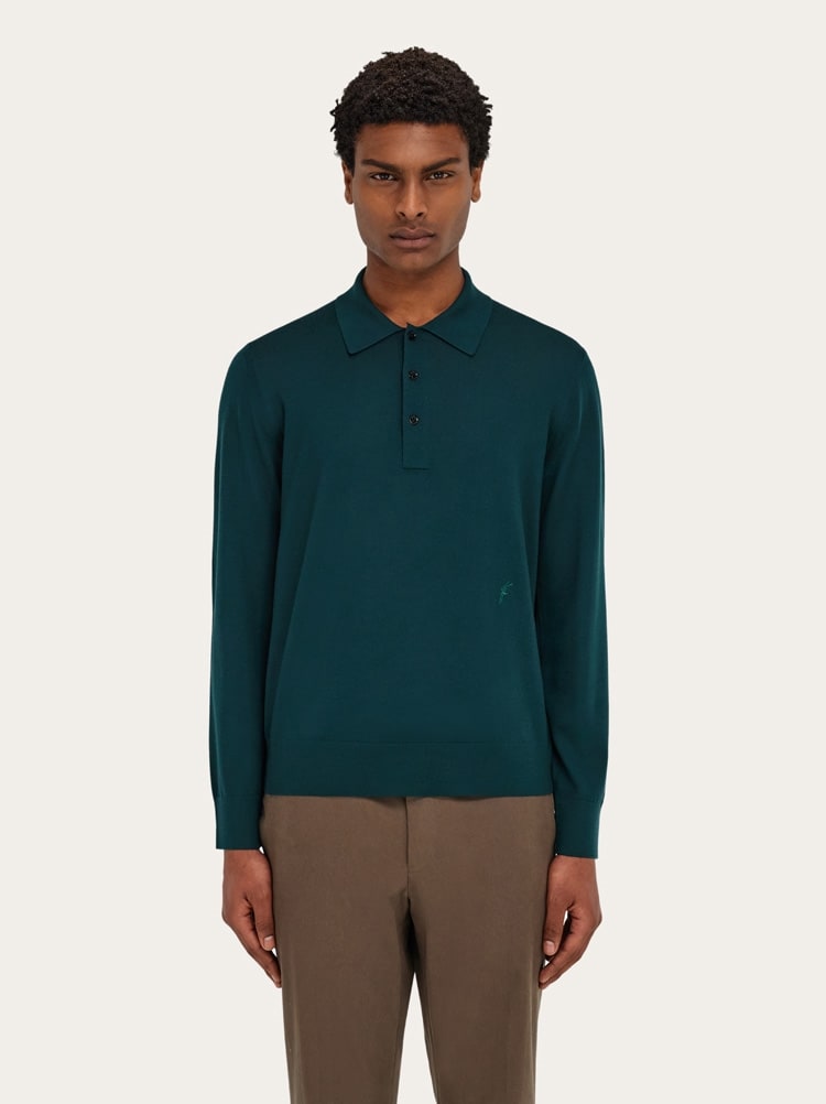 FERRAGAMO MEN'S DARK GREEN WOOL POLO SHIRT