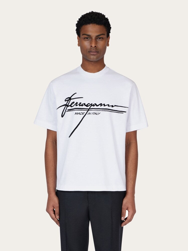 FERRAGAMO MEN'S WHITE COTTON LOGO SHIRT