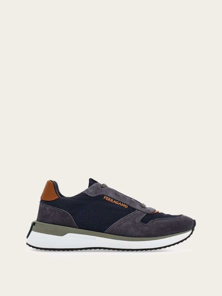 FERRAGAMO MEN'S NAVY MIXED MATERIAL SNEAKERS