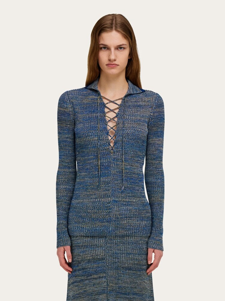 FERRAGAMO WOMEN'S BLUE RIBBED KNIT SHIRT
