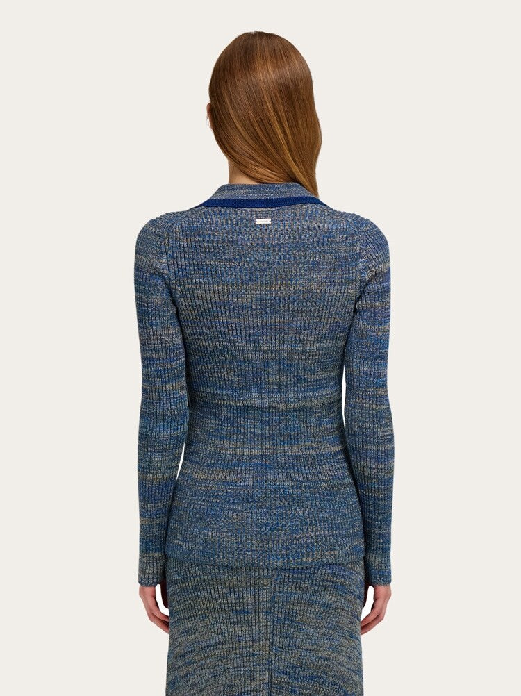 FERRAGAMO WOMEN'S BLUE RIBBED KNIT SHIRT