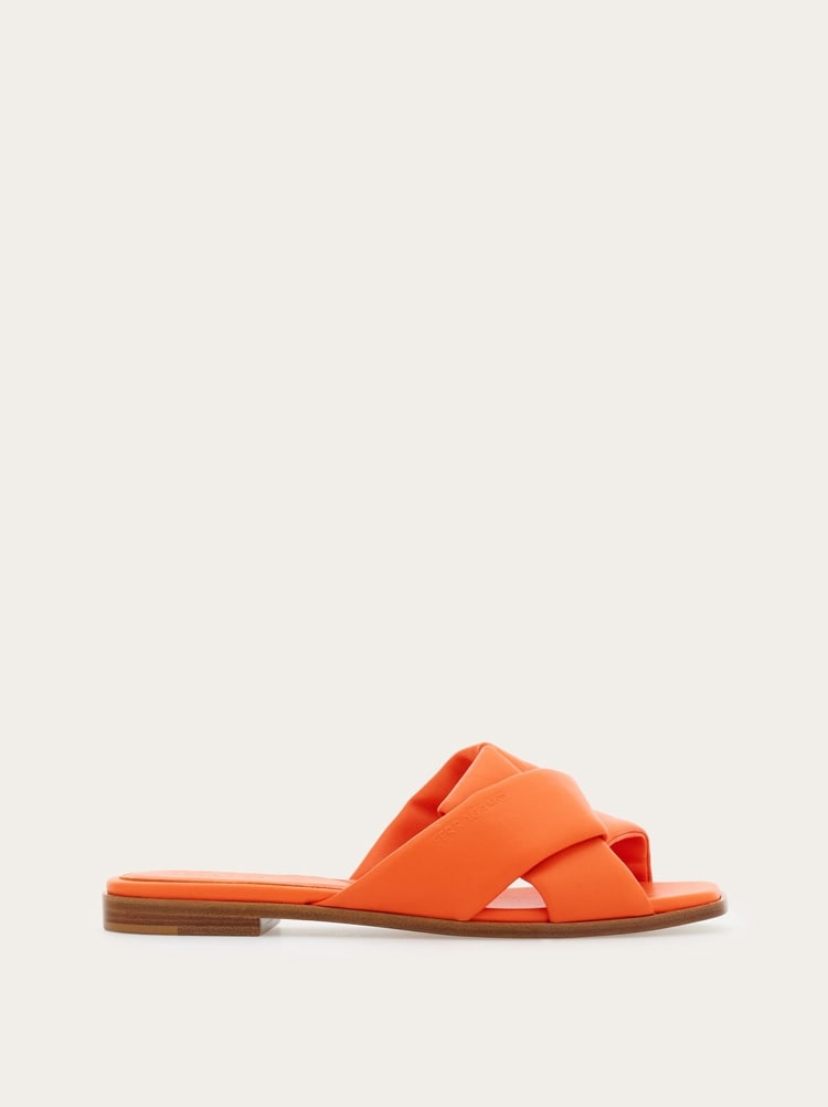 FERRAGAMO WOMEN'S ORANGE LAMBSKIN SLIDE SANDALS