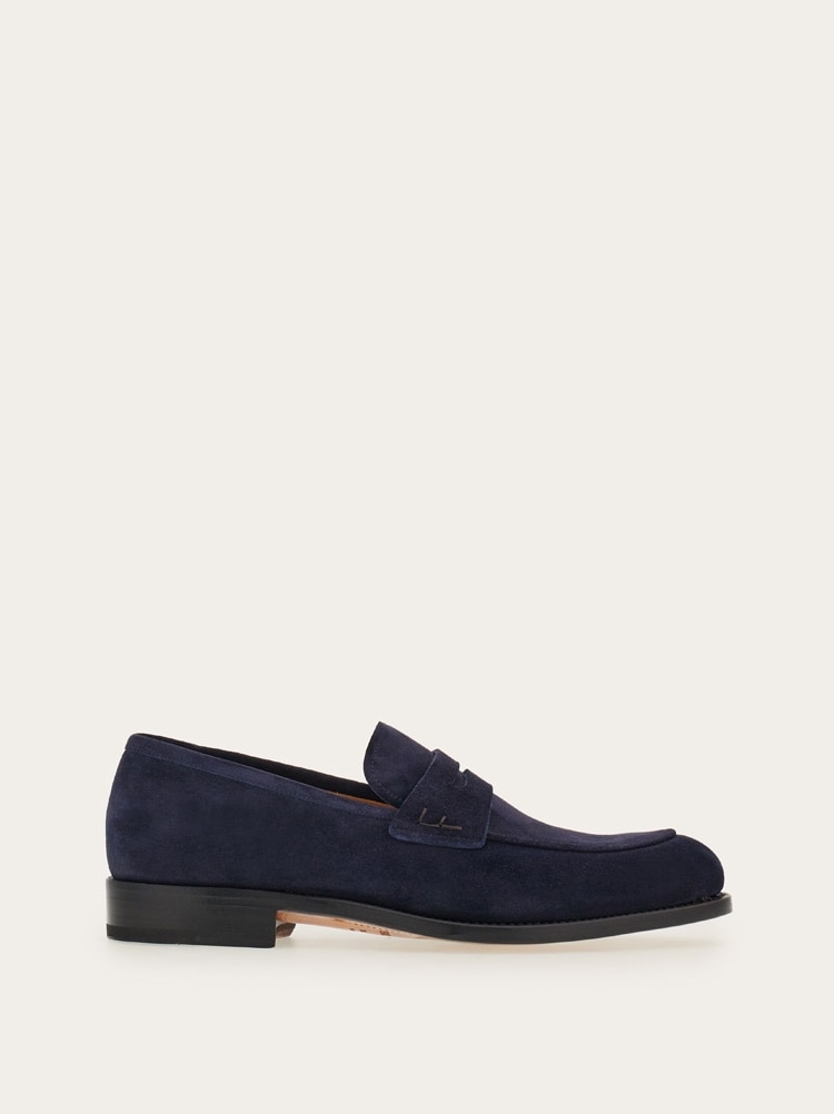 FERRAGAMO MEN'S NAVY SUEDE PENNY LOAFER