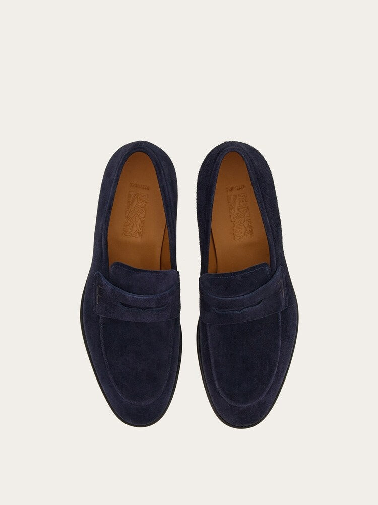 FERRAGAMO MEN'S NAVY SUEDE PENNY LOAFER