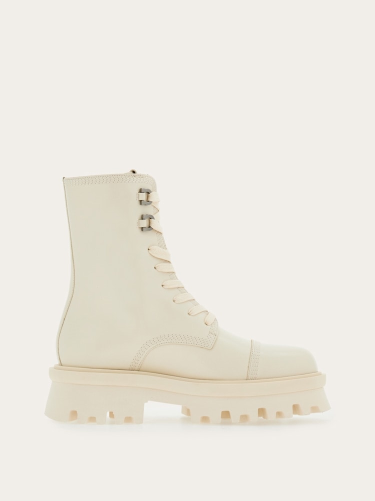 FERRAGAMO WOMEN'S OFF WHITE LEATHER COMBAT BOOTS